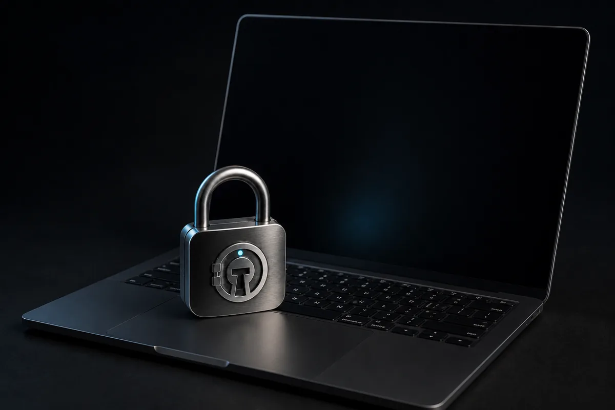 Lucchetto di metallo su un laptop aperto: TuaPass tiene le password sul tuo dispositivo, chiuse a chiave.